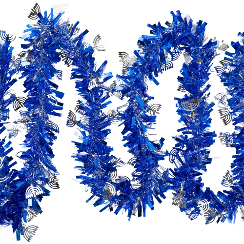 Menorah Hanukkah Tinsel Garland - 50' x 3.5" - Blue & Silver - Unlit