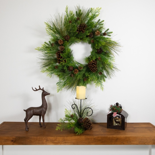 Pine Cones and Jingle Bell Christmas Pillar Candle Holder - 10"