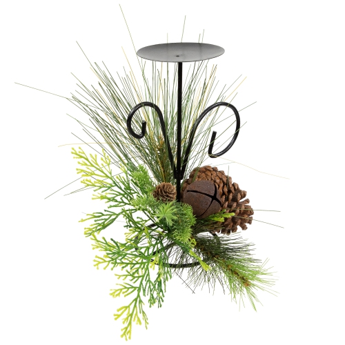 Pine Cones and Jingle Bell Christmas Pillar Candle Holder - 10"