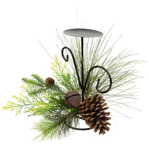 Pine Cones and Jingle Bell Christmas Pillar Candle Holder - 10"