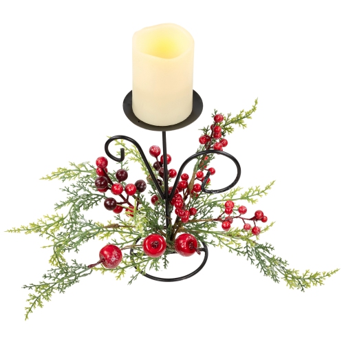 Apples and Berries Christmas Pillar Candle Holder - 10" - Green and Red