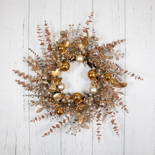 Ornaments, Holly and Berries Artificial Christmas Wreath - 30" - Gold and Copper Tone