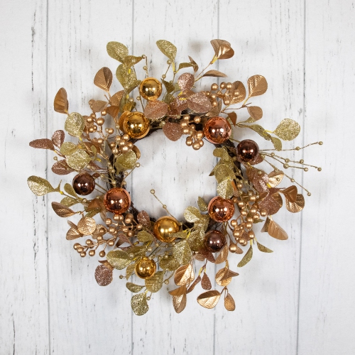 Glitter Leaf Artificial Christmas Twig Wreath with Ball Ornaments - 24" - Copper - Unlit