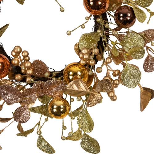 Glitter Leaf Artificial Christmas Twig Wreath with Ball Ornaments - 24" - Copper - Unlit
