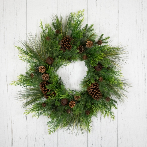 Real Touch Pinecones and Jingle Bells Artificial Christmas Wreath - 26" - Unlit