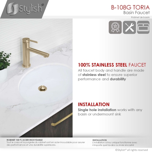 A - Stainless Steel Single Handle Bathroom Faucet in Brushed Gold Finish B-108G by STYLISH - Open Box condition - Image 3