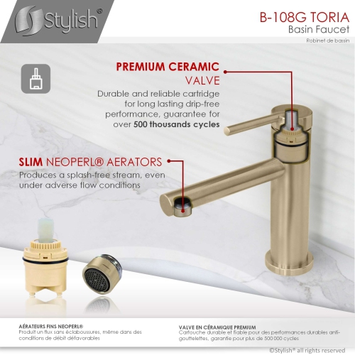 A - Stainless Steel Single Handle Bathroom Faucet in Brushed Gold Finish B-108G by STYLISH - Open Box condition - Image 4