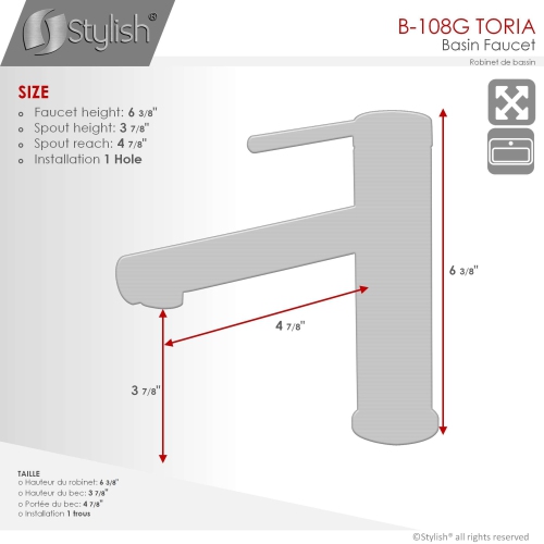 A - Stainless Steel Single Handle Bathroom Faucet in Brushed Gold Finish B-108G by STYLISH - Open Box condition - Image 5