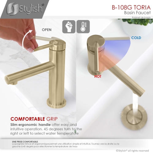 A - Stainless Steel Single Handle Bathroom Faucet in Brushed Gold Finish B-108G by STYLISH - Open Box condition - Image 6