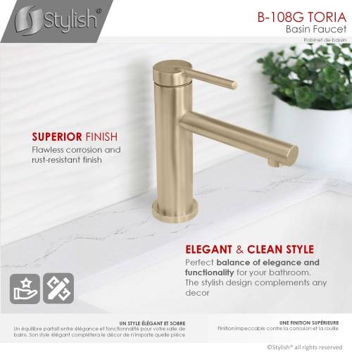 A - Stainless Steel Single Handle Bathroom Faucet in Brushed Gold Finish B-108G by STYLISH - Open Box condition - Image 7