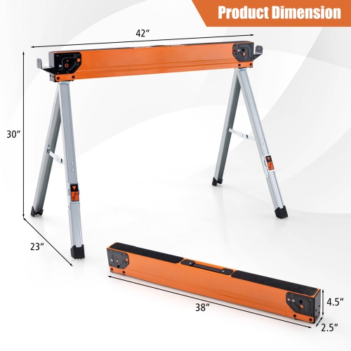 Costway 2 Pack Saw Horses Portable Sawhorses with Folding Design Non-slip Pads & Surface