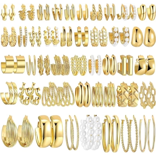 FASHIION  42 Pairs Hoop Earrings Set: A Comprehensive Multipack Perfect for Women, Featuring A Variety Of Stylish Hoops. In Gold