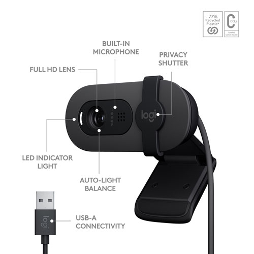 Caméra Web HD intégrale 1080p Brio 100 de Logitech avec microphone intégré - Graphite