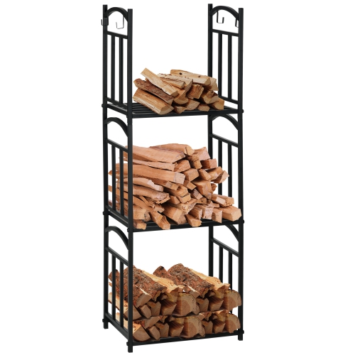 OUTSUNNY  18.1" X 12.6" X 49.6" 3-Tier Firewood Rack, Outdoor Indoor Heavy Duty Wood Storage Log, Stacking Shelf With Hanging Hooks for Tools In Black