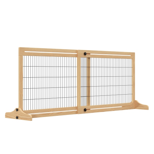 PawHut Free Standing Pet Gate, Wooden Foldable Dog Gate with 41"-72" Adjustable Length, Support Feet, Pet Barrier for Small Medium Dogs, for Stairway