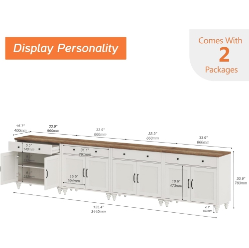 WAMPAT Farmhouse TV Stand for 85 inches TV with 8 Doors and 4 Drawers, White Entertainment Center TV Console Table for Living Room,Bedroom