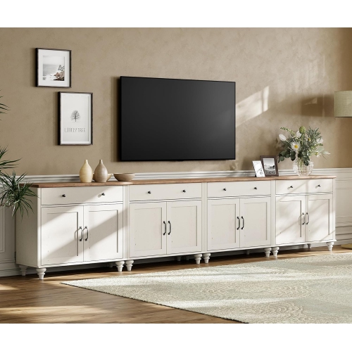 WAMPAT Farmhouse TV Stand for 85 inches TV with 8 Doors and 4 Drawers, White Entertainment Center TV Console Table for Living Room,Bedroom