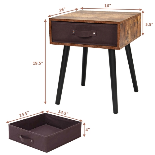 Costway Mid-Century Accent Bedside Table W/ Fabric Drawer Rustic Brown