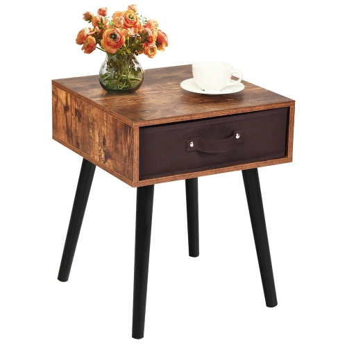 Costway Mid-Century Accent Bedside Table W/ Fabric Drawer Rustic Brown