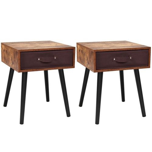 COSTWAY  Set Of 2 Mid-Century Accent Bedside Table W/ Drawer Rustic Brown