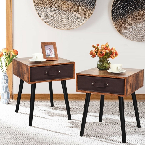 Costway Set of 2 Mid-Century Accent Bedside Table W/ Drawer Rustic Brown