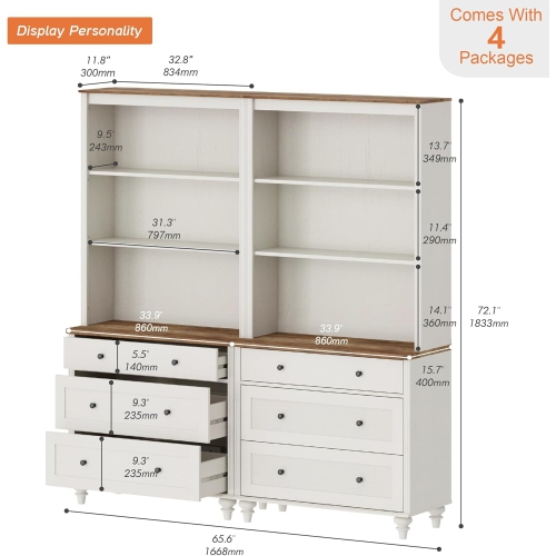 FITUEYES – Commode blanche avec 3 tiroirs, ensemble de 2, grande bibliothèque avec 3 tablettes à livres ouverts pour le salon, chambre à coucher,