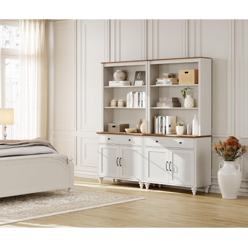 FITUEYES Set of 2 White Bookcase with Doors & Drawers, 5 Tier Bookshelf, 72'' Tall Book Case Shelf with Glass Storage Cabinets for Living Room