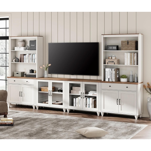 WAMPAT Entertainment Center with Bookshelves for TVs up to 75",Farmhouse Wall Unit TV Stand with Glass Doors&Drawers for Living Room,Bedroom&Home