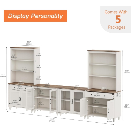 WAMPAT Entertainment Center with Bookshelves for TVs up to 75",Farmhouse Wall Unit TV Stand with Glass Doors&Drawers for Living Room,Bedroom&Home