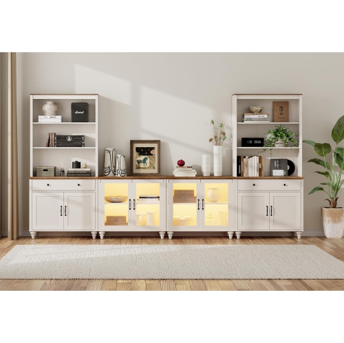 WAMPAT Entertainment Center with Bookshelves for TVs up to 75",Farmhouse Wall Unit TV Stand with Glass Doors&Drawers for Living Room,Bedroom&Home