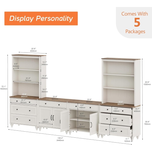 WAMPAT Entertainment Center with Bookshelves for TVs up to 75",Farmhouse Wall Unit TV Stand with Doors&Drawers for Living Room, Bedroom&Home