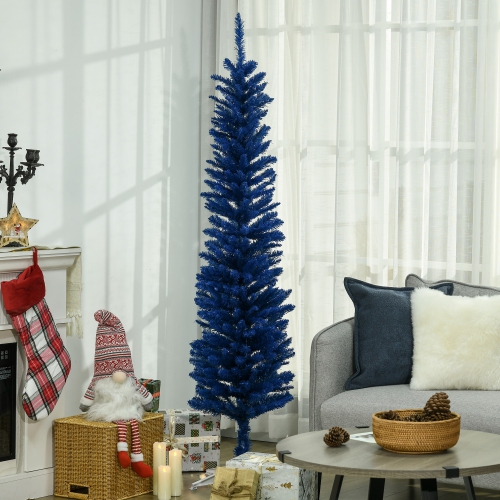 HOMCOM 7' Pencil Christmas Tree, Slim Artificial Xmas Tree with Realistic Branches, Sturdy Stand, Deep Blue