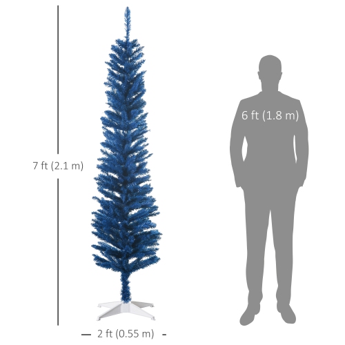 HOMCOM 7' Pencil Christmas Tree, Slim Artificial Xmas Tree with Realistic Branches, Sturdy Stand, Deep Blue