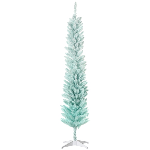 HOMCOM  7' Pencil Christmas Tree, Slim Artificial Xmas Tree With Realistic Branches, Metal Stand, Gradient In Blue