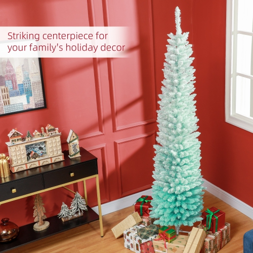 HOMCOM 7' Pencil Christmas Tree, Slim Artificial Xmas Tree with Realistic Branches, Metal Stand, Gradient Blue