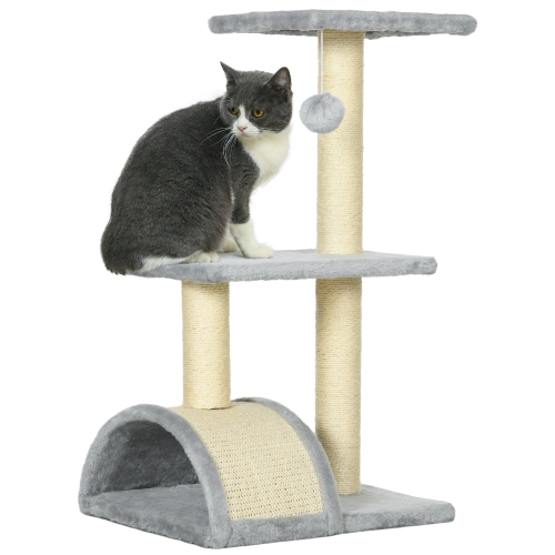 PAWHUT  Cat Tree Tower for Indoor Cats, 28 Inches Climbing Activity Center W/ Sisal Scratching Post, Pad, Arc Perch, Hanging Ball, Toy, Light Grey