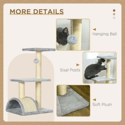 PawHut Cat Tree Tower for Indoor Cats, 28 Inches Climbing Activity Center w/ Sisal Scratching Post, Pad, Arc Perch, Hanging Ball, Toy, Light Grey and