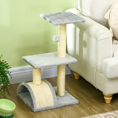 PawHut Cat Tree Tower for Indoor Cats, 28 Inches Climbing Activity Center w/ Sisal Scratching Post, Pad, Arc Perch, Hanging Ball, Toy, Light Grey and