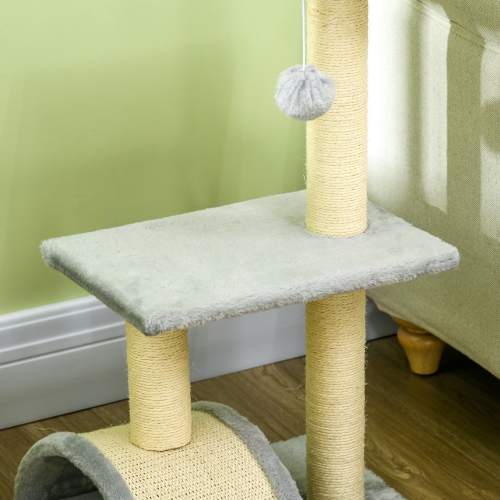 PawHut Cat Tree Tower for Indoor Cats, 28 Inches Climbing Activity Center w/ Sisal Scratching Post, Pad, Arc Perch, Hanging Ball, Toy, Light Grey and