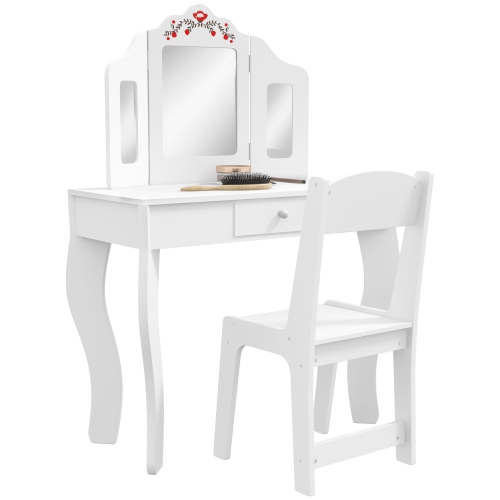 Qaba Kids Vanity Set, Dual-Use Dressing Table with Removable Tri-Folding Mirror, Makeup Table with Stool and Drawer, for Ages 3-8, White