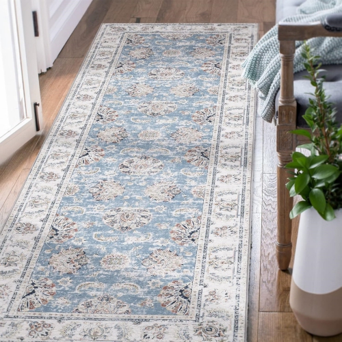 Runner Rug 2 x 5 - Hallway Runner Rug Washable Rug Floral Print Kitchen Rug Vintage Distressed Blue Rug Non Slip Thin Rug Retro Farmhouse Rug for Bed