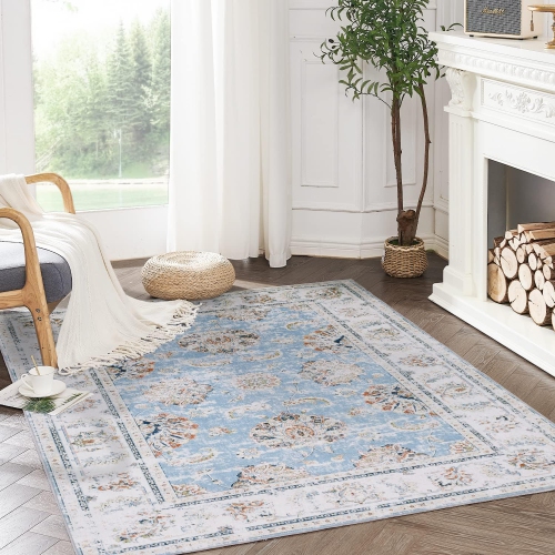 3 x 5 Area Rug - Entryway Rug Washable Rug Floral Print Living Room Rug Vintage Distressed Blue Rug Non Slip Doormat Low Pile Thin Rug Retro Farmhous