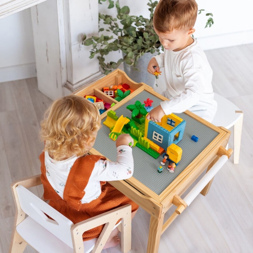 Costway Kids Multi Activity Play Table Wooden Building Block Desk w/ Storage Paper Roll