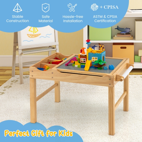 Costway Kids Multi Activity Play Table Wooden Building Block Desk w/ Storage Paper Roll