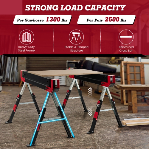 Chevalet de sciage pliant de Costway, paq. 2, robuste, réglable avec bras de soutien, capacité de 2600 LB