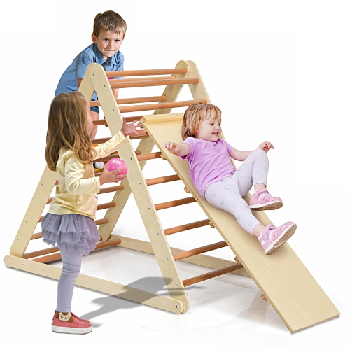 Support d'escalade d'intérieur en triangle pliable en bois avec échelle de Costway pour tout-petit