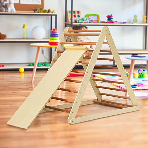 Support d'escalade d'intérieur en triangle pliable en bois avec échelle de Costway pour tout-petit