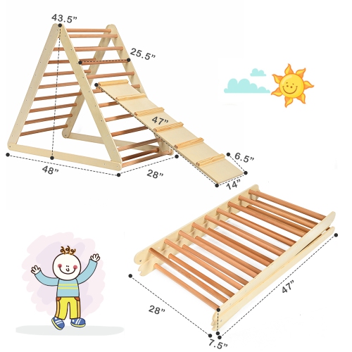 Support d'escalade d'intérieur en triangle pliable en bois avec échelle de Costway pour tout-petit