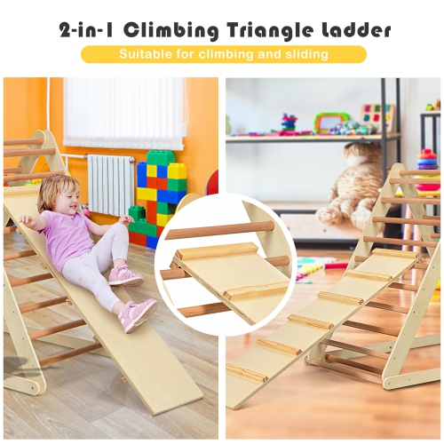 Support d'escalade d'intérieur en triangle pliable en bois avec échelle de Costway pour tout-petit
