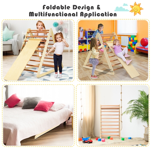 Support d'escalade d'intérieur en triangle pliable en bois avec échelle de Costway pour tout-petit